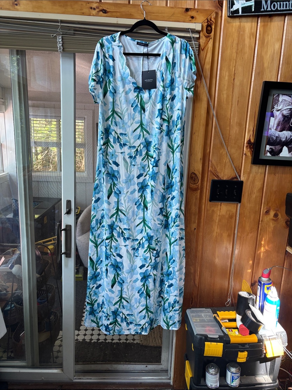 Blue & Green Floral Maxi Dress with Scoop Neck